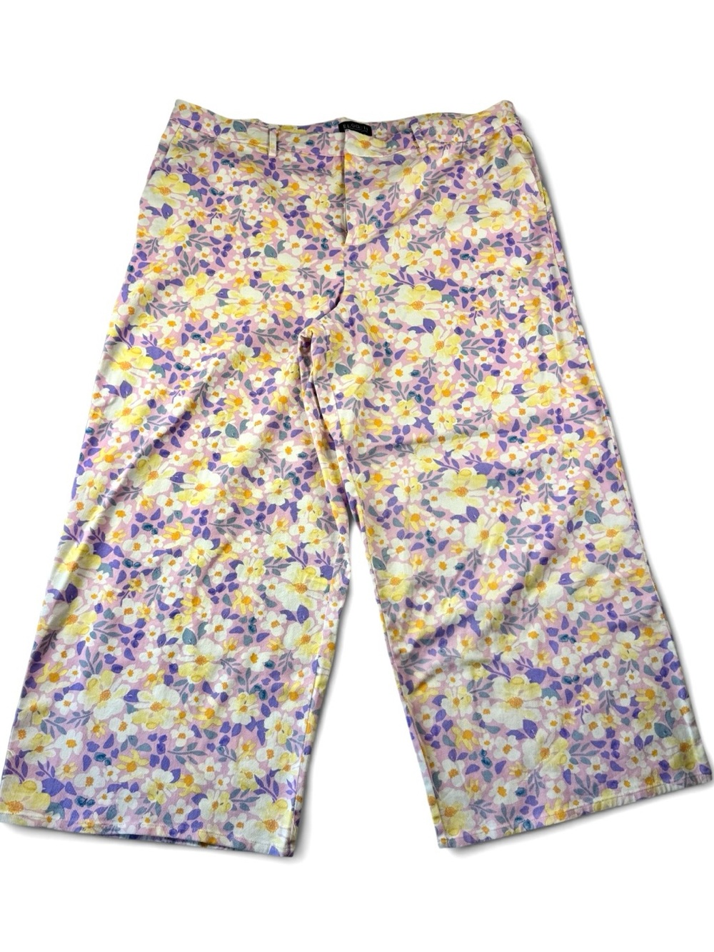 ELOQUII Yellow Purple Floral Wide Leg Denim Trousers Pants Womens Plus Size 26